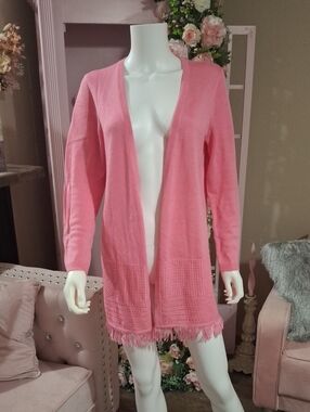 TALBOTS  Pink Open-Front Fringe Hem Women's Cardigan Sweater SIZE M
